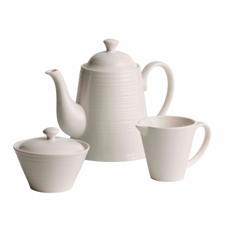 BELLEEK RIPPLE TEAPOT, CREAM AND SUGAR