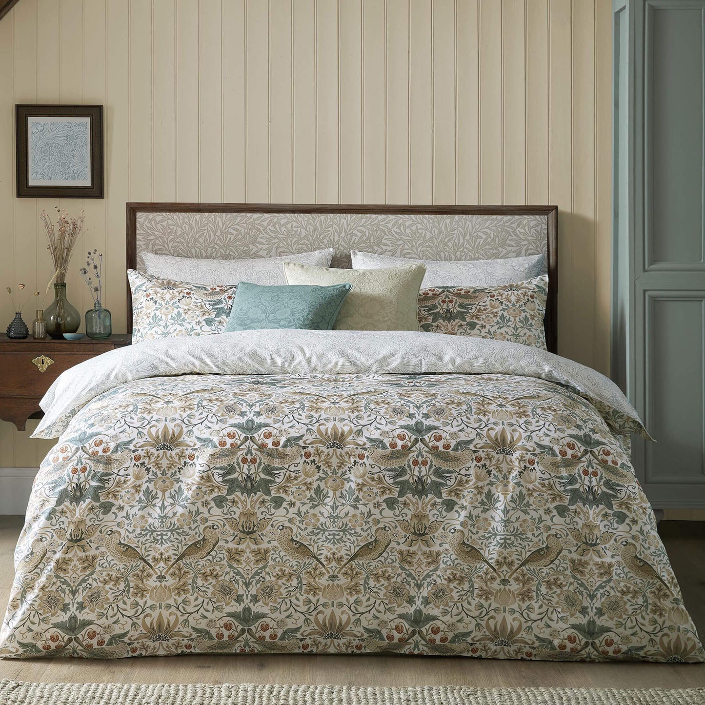 WILLIAM MORRIS AT HOME STRAWBERRY THIEF HESSIAN BEDDING SET (SINGLE, DOUBLE,KING,SUPERKING)