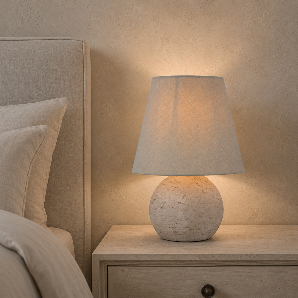 WHITE WASH TABLE LAMP WITH OATMEAL SHADE