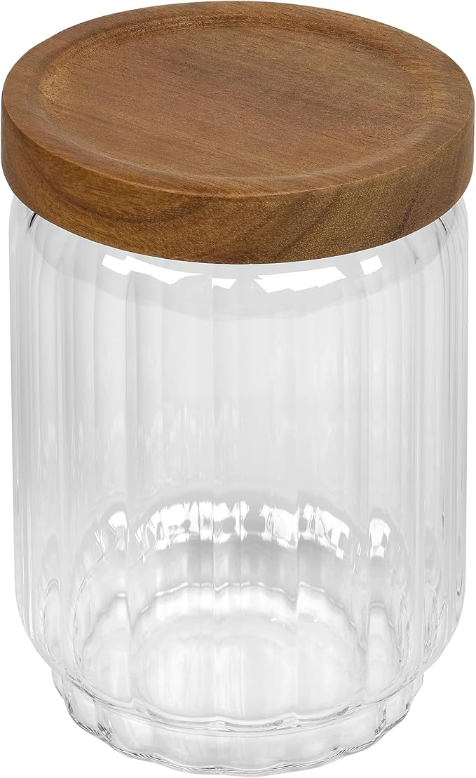 TALA RIBBED BOROSILICATE GLASS JAR WITH ACACIA LID 600ML