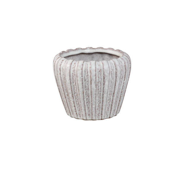PDMT MIREI WHITE CERAMIC POT VERTICAL RIBBED ROUND