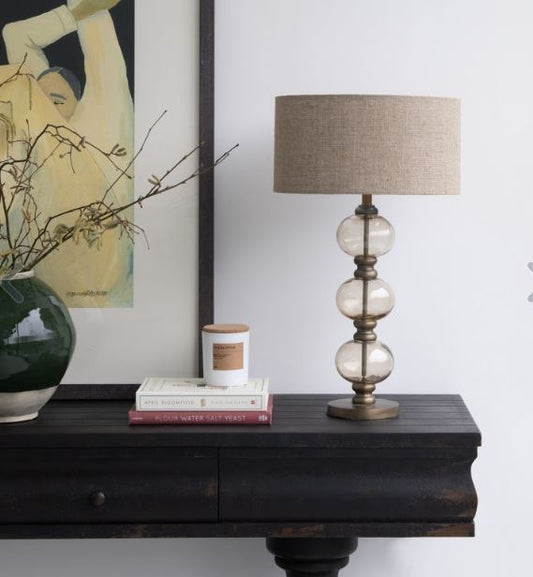 CLAYMORE ANTIQUE GOLD AND GLASS BOBBLE LAMP WITH SHADE