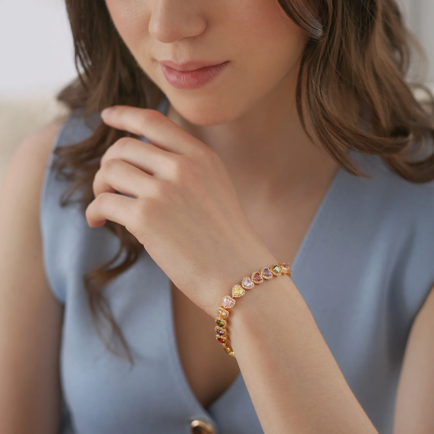 GOLD PLATED HEART COLOURED CZ BRACELET