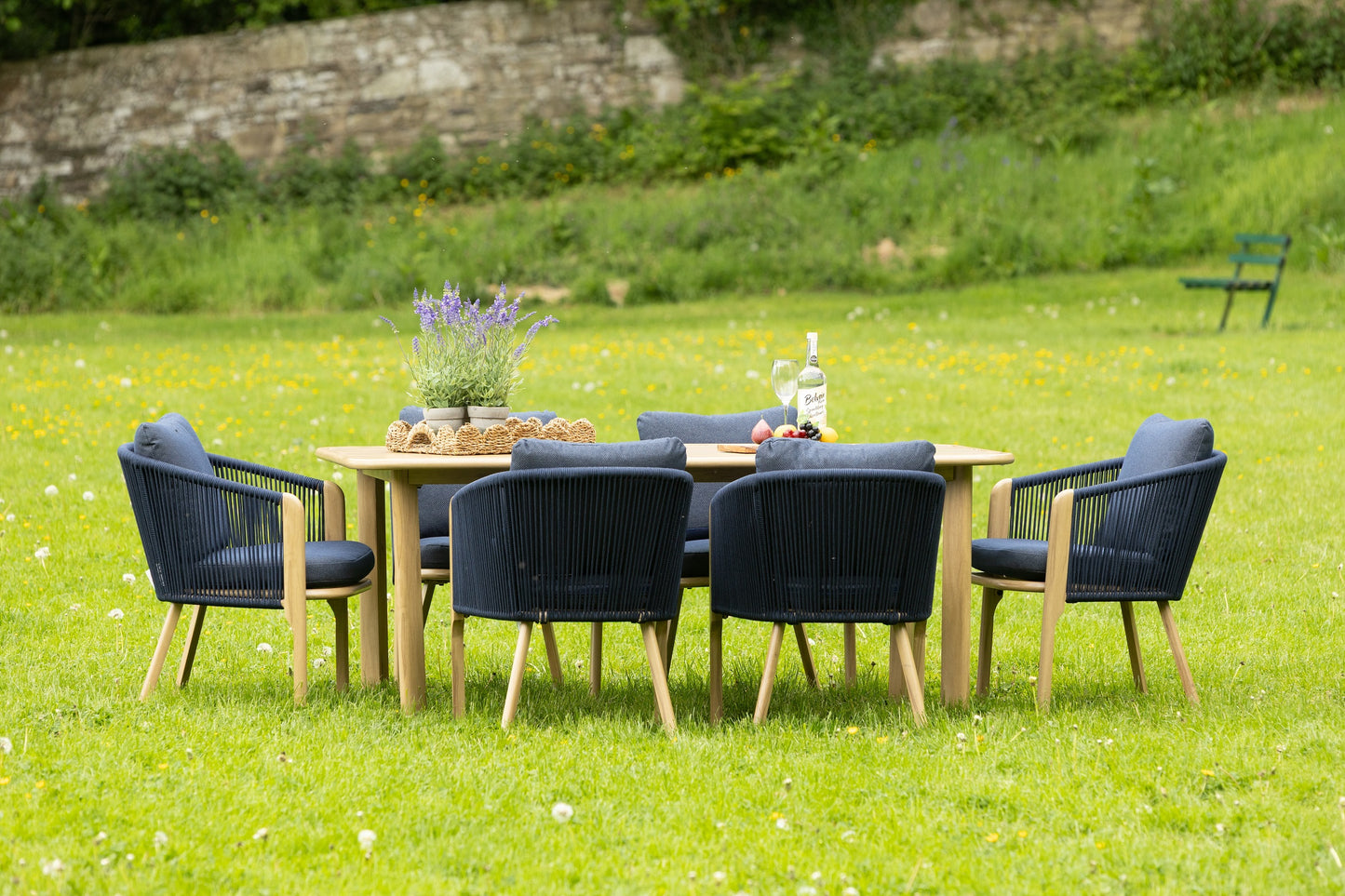 ST LUCIA 6 SEAT DINING SET RECTANGULAR BLUE FABRIC + PARASOL