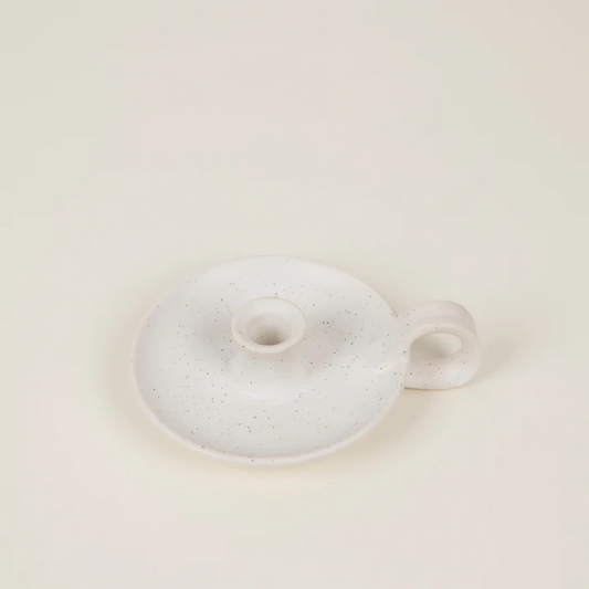 WHITE SPECKLED CANDLE HOLDER WITH HANDLE