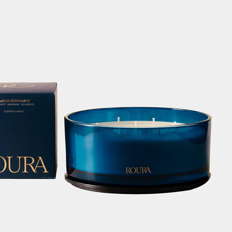 SCENTED BLUE JAR CANDLE 19*8CM-7 WICKS BERGAMOTTA WOOD