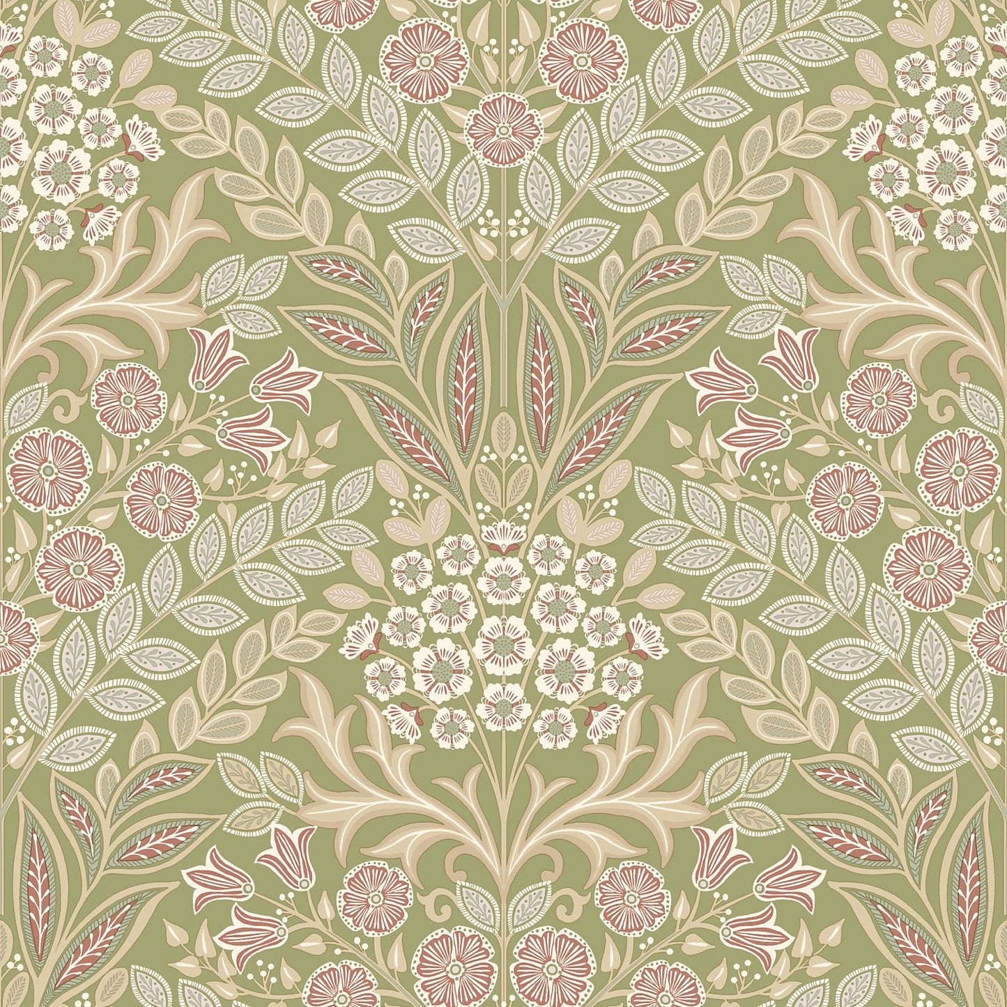 GRANDECO BELEVEDERE ARTS & CRAFTS FLORAL DAMASK GREEN WALLPAPER