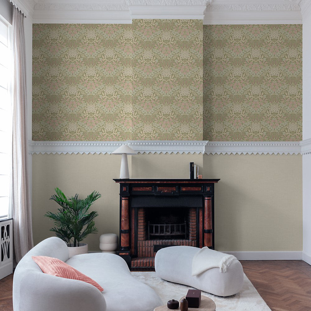 GRANDECO BELEVEDERE ARTS & CRAFTS FLORAL DAMASK GREEN WALLPAPER
