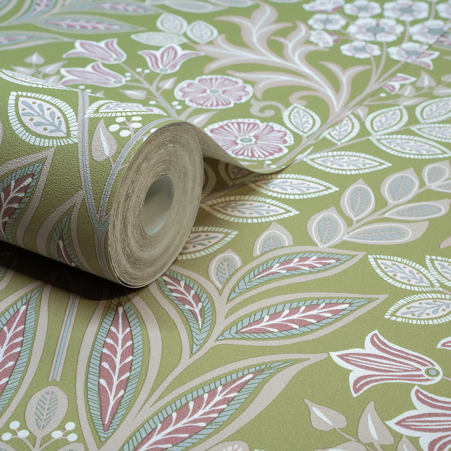 GRANDECO BELEVEDERE ARTS & CRAFTS FLORAL DAMASK GREEN WALLPAPER