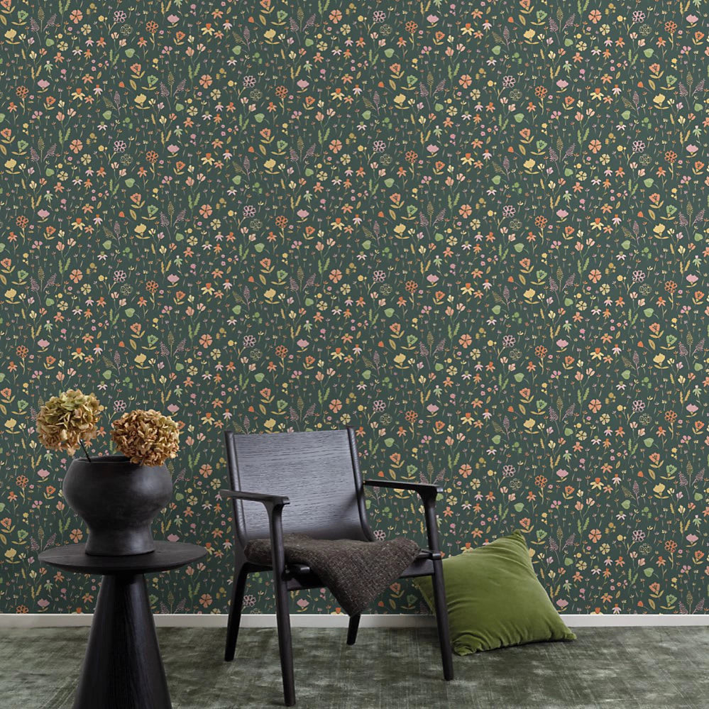 GRANDECO NAIVE GARDEN DITSY FLOWERS GREEN WALLPAPER