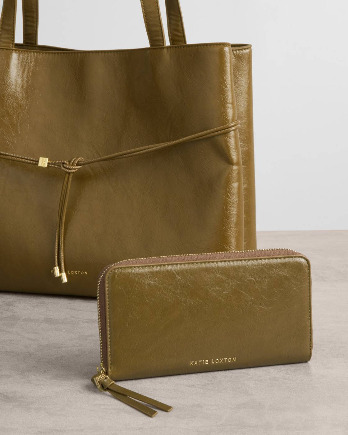 KATIE LOXTON LARGE PURSE DEEP OLIVE PATENT CRACKLE