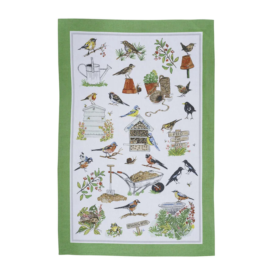 GARDEN BIRDS GREEN TEA TOWEL