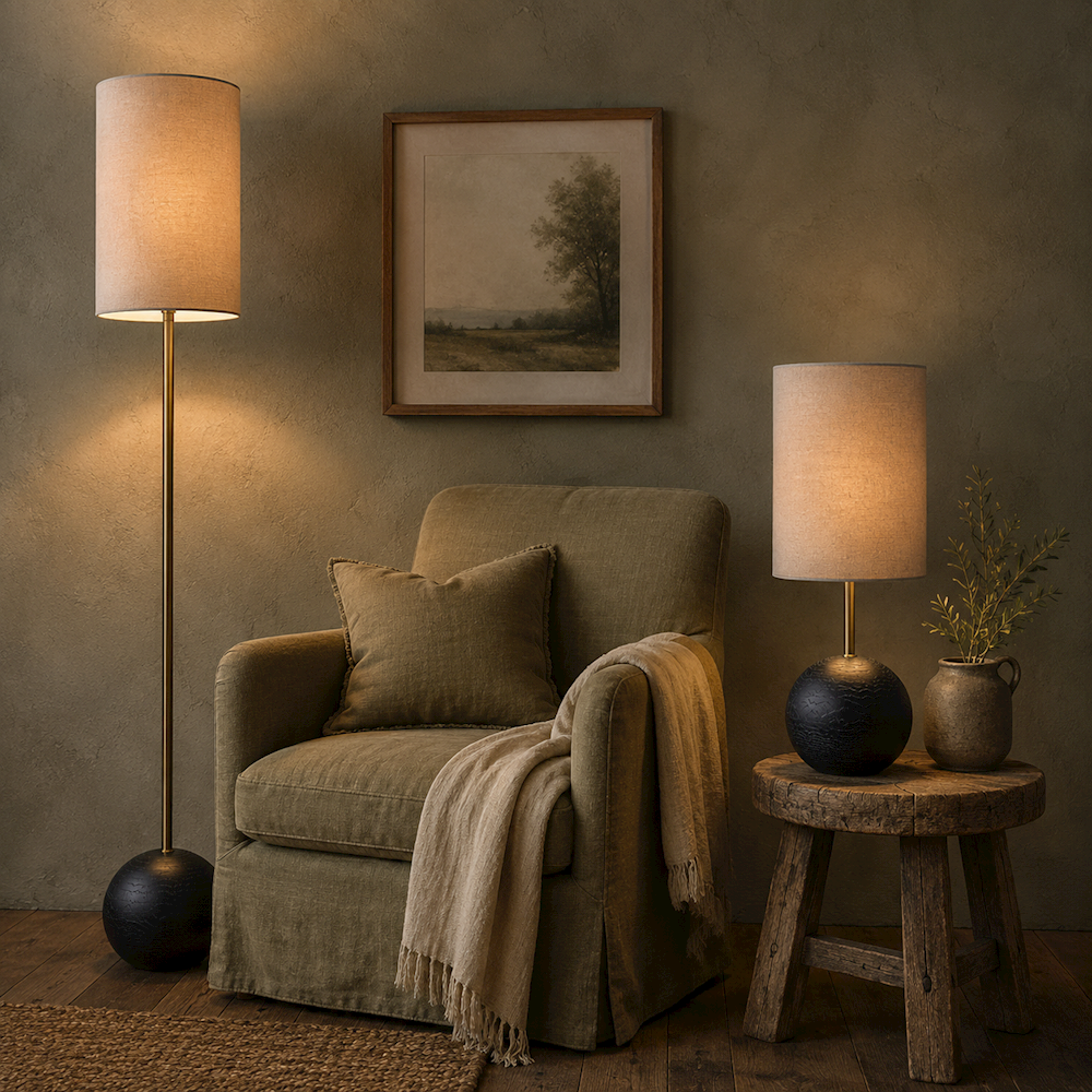 BLACK BALL FLOOR LAMP WITH OATMEAL SHADE