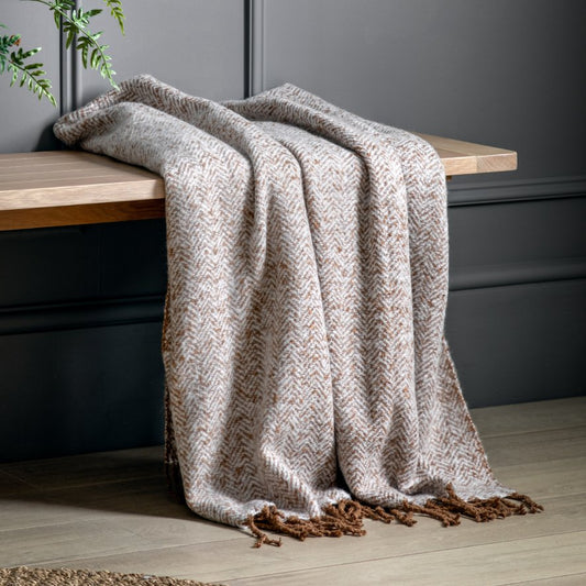 HERRINGBONE FAUX MOHAIR THROW TAN