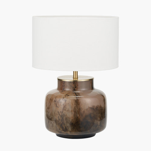 CERDANYA BROWN AND BEIGE GLASS TABLE LAMP BASE WITH HENRY 35CM WHITE HANDLOOM CYLINDER LAMPSHADE