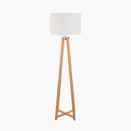 WHITBY NATURAL WOOD TAPERED 4 POST FLOOR LAMP BASE WITH LINO 45CM WHITE SELF LINED LINEN CYLINDER LAMPSHADE