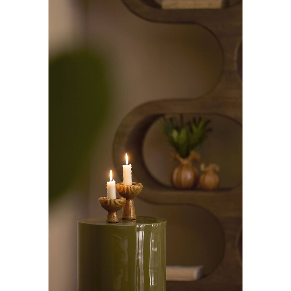 LIGHT & LIVING CANDLE STICK ORANGE AND AMBER  CERAMICS