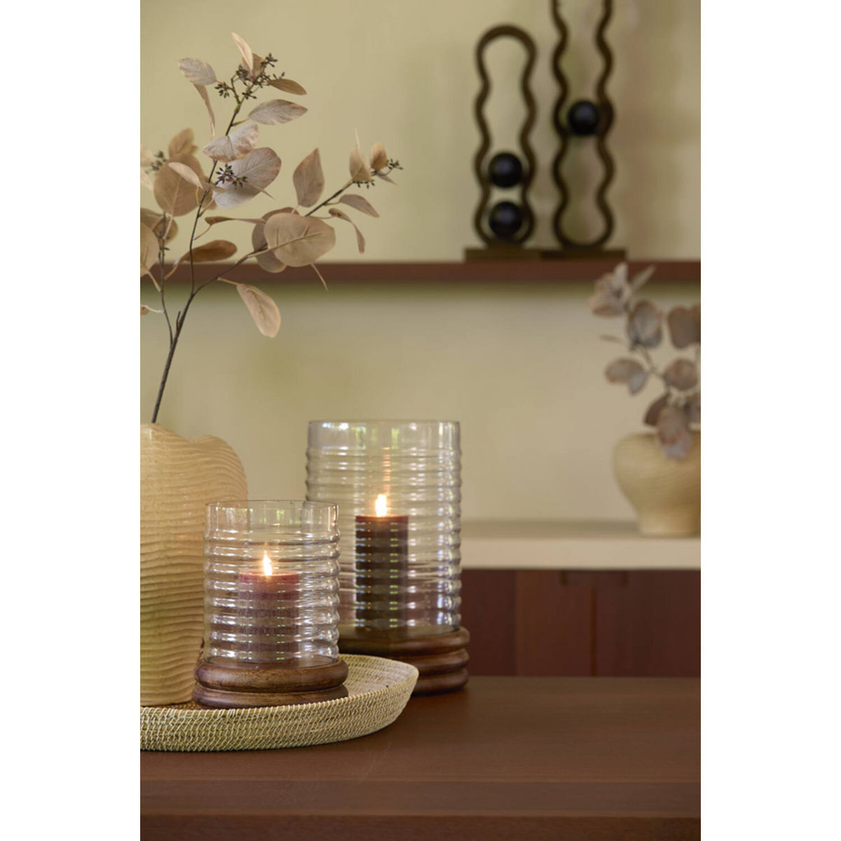 LIGHT & LIVING HURRICANE LAMP-MANGO WOOD AND GLASS