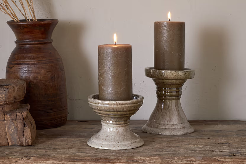 NKUKU CABRA REACTIVE GLAZE CANDLE HOLDER OLIVE & NATURAL
