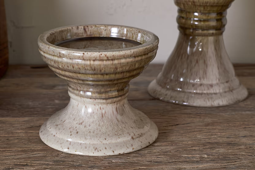 NKUKU CABRA REACTIVE GLAZE CANDLE HOLDER OLIVE & NATURAL