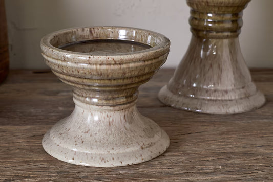 NKUKU CABRA REACTIVE GLAZE CANDLE HOLDER OLIVE & NATURAL