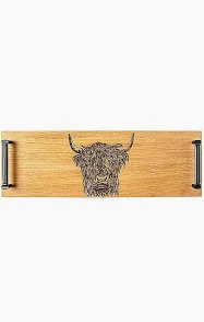 OAK TRAY BLACK STEEL HANDLES HIGHLAND COW