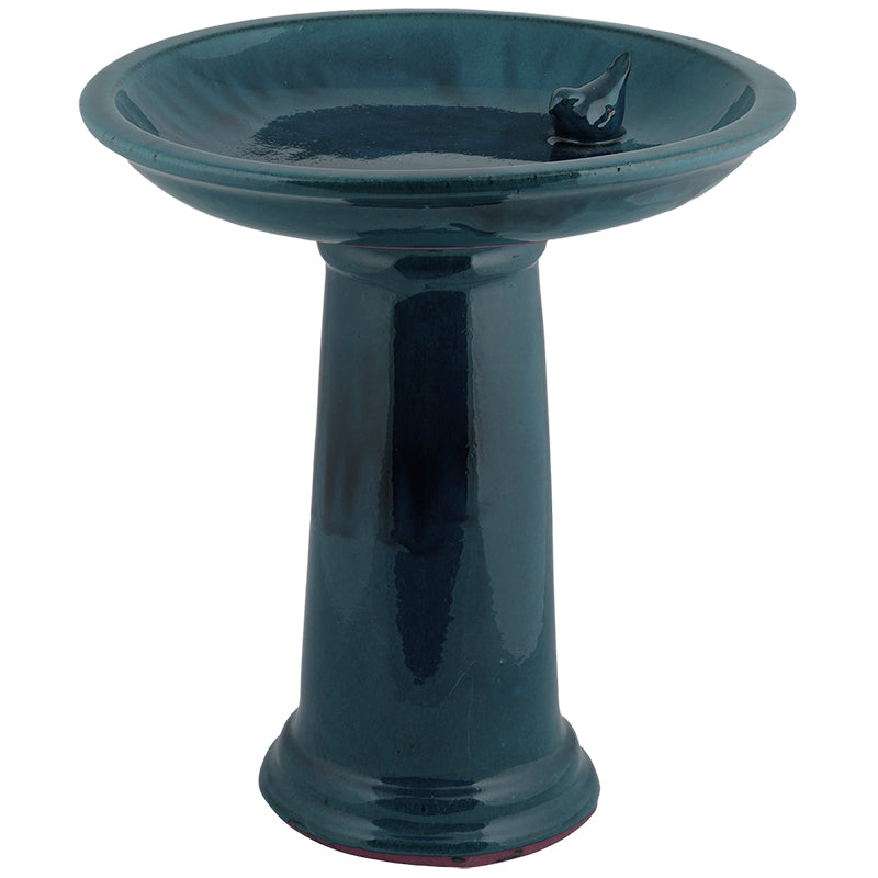 FALLEN FRUITS CERAMIC BLUE PEDESTAL BIRD BATH