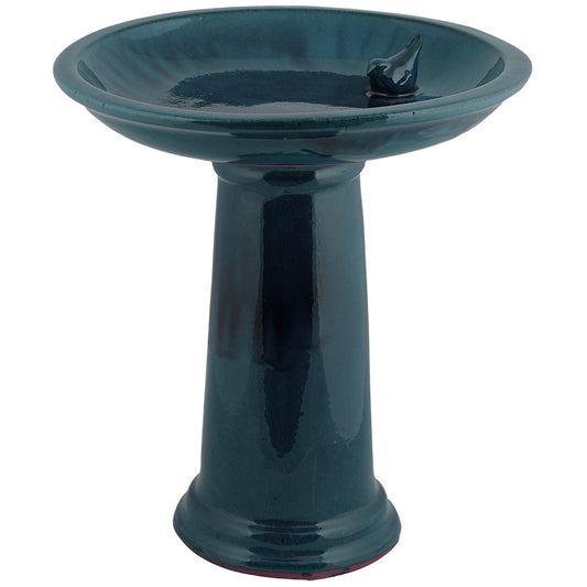 FALLEN FRUITS CERAMIC BLUE PEDESTAL BIRD BATH