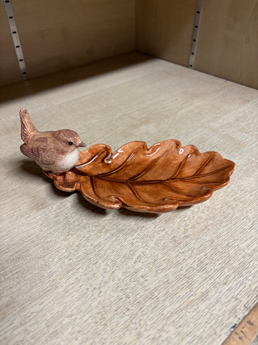 BROWN LEAF TRAY WITH BIRD