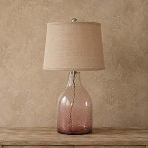 GLASS LAMP WITH BURLAP SHADE