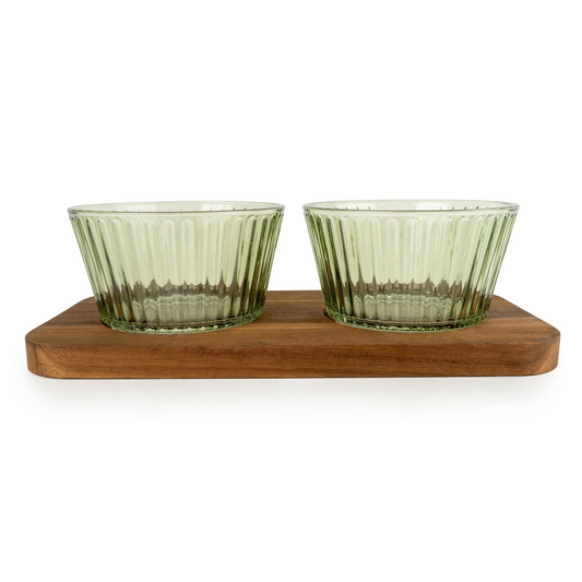 SET OF 2 ROUND GLASS DISHES ON TRAY