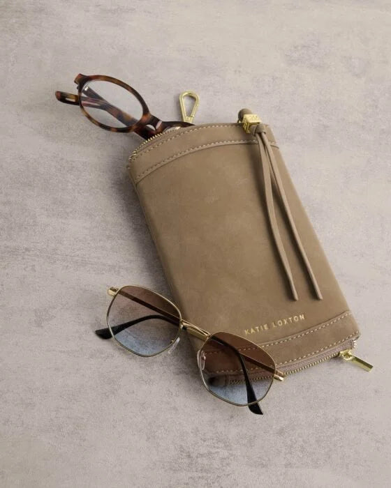CLIP ON SUNGLASSES CASE TAUPE SUEDETTE