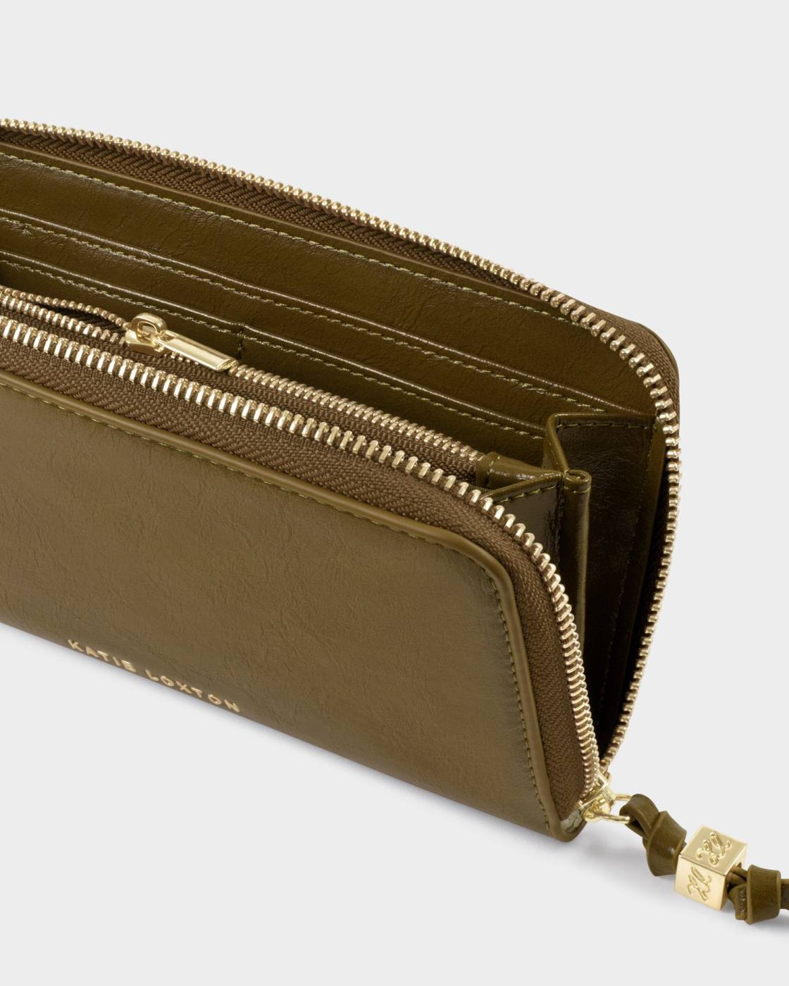 KATIE LOXTON LARGE PURSE DEEP OLIVE PATENT CRACKLE