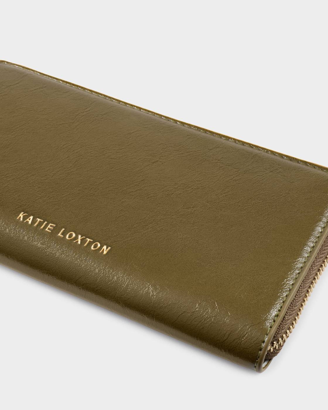 KATIE LOXTON LARGE PURSE DEEP OLIVE PATENT CRACKLE
