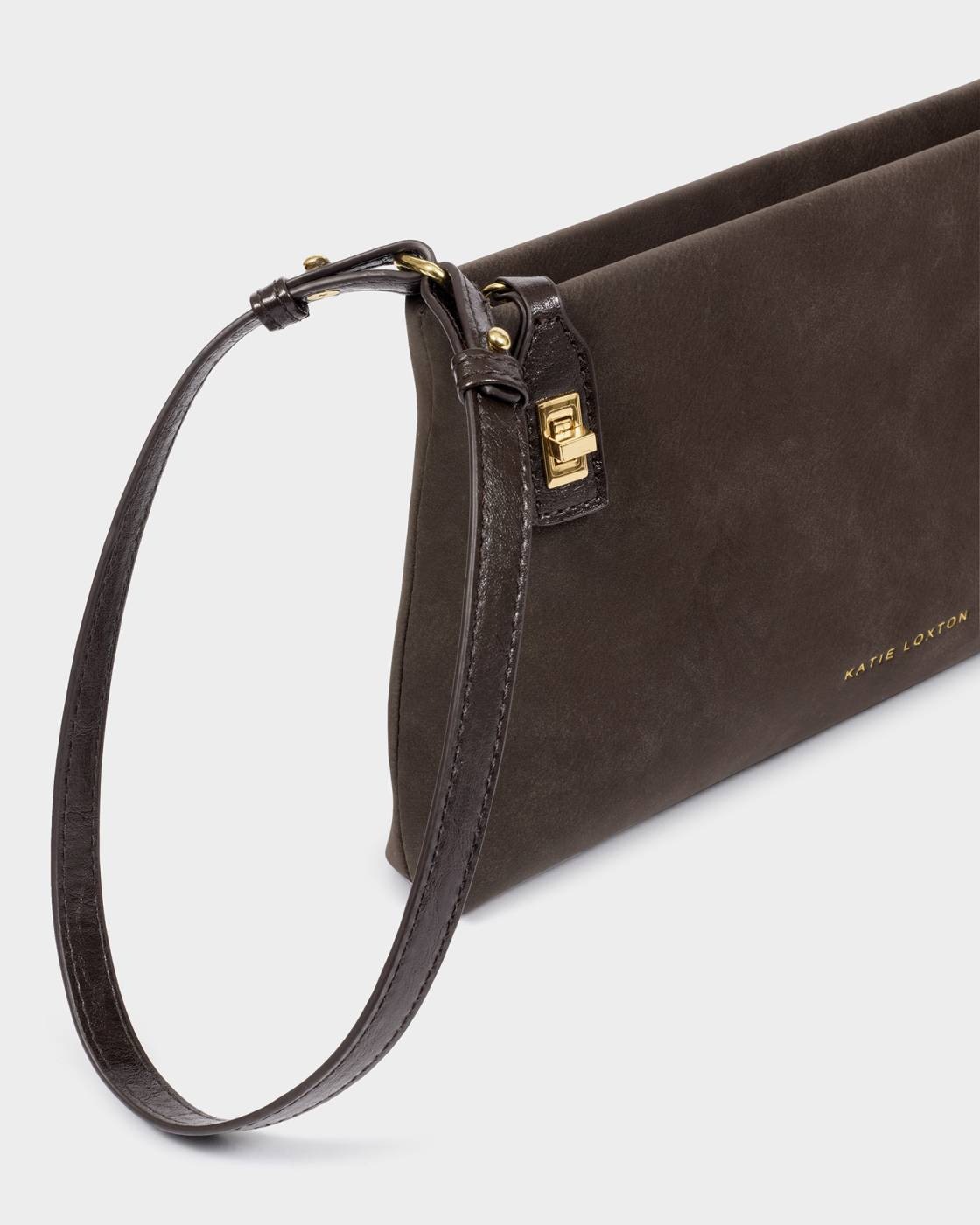 KATIE LOXTON ORIN TWIST LOCK SMALL SHOULDER BITTER CHOCOLATE SUEDETTE