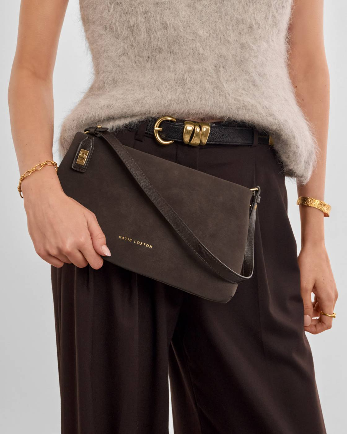 KATIE LOXTON ORIN TWIST LOCK SMALL SHOULDER BITTER CHOCOLATE SUEDETTE