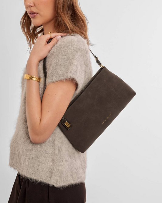 KATIE LOXTON ORIN TWIST LOCK SMALL SHOULDER BITTER CHOCOLATE SUEDETTE