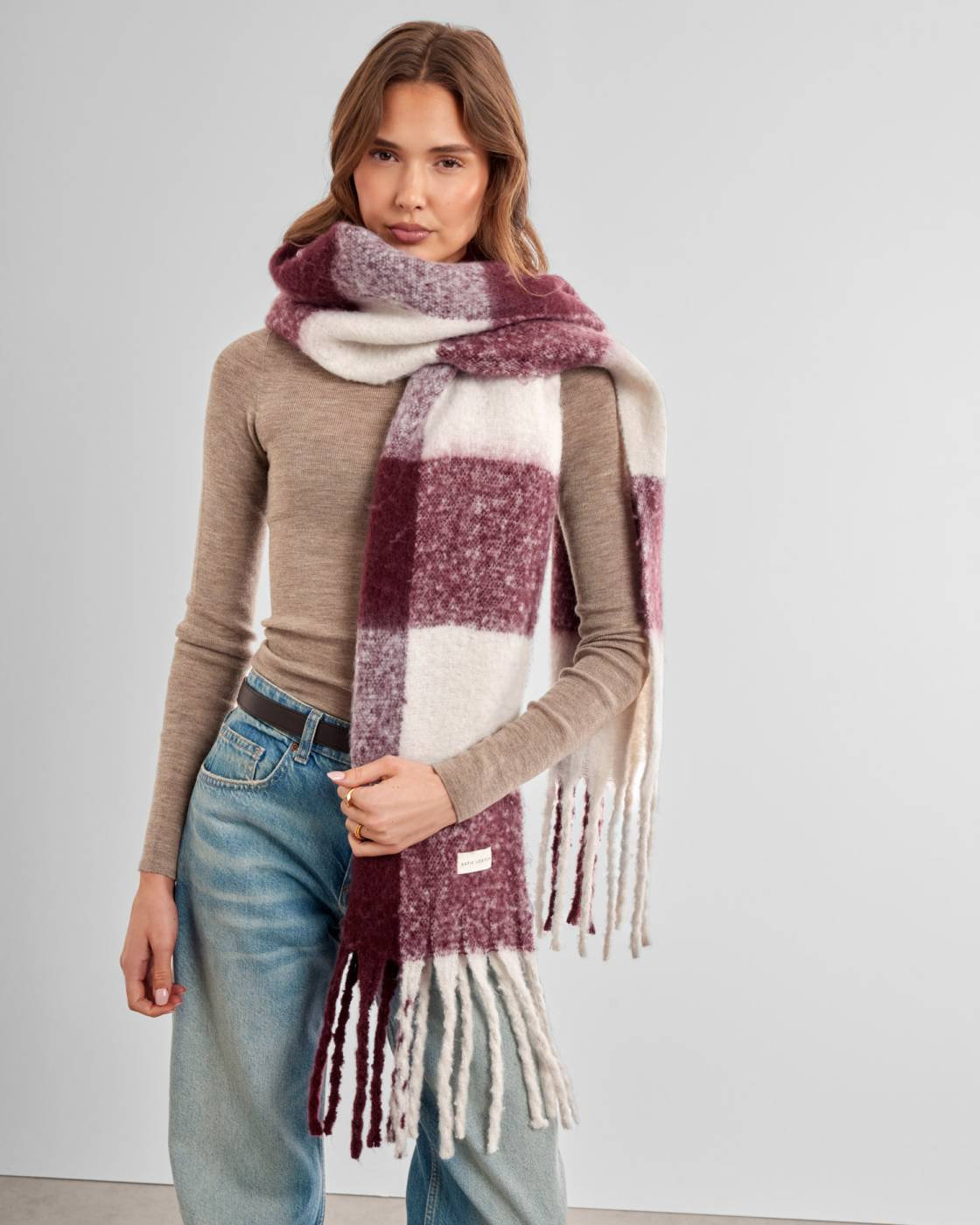 KATIE LOXTON CHECKED TASSEL SCARF-CHERRY/OFF WHITE