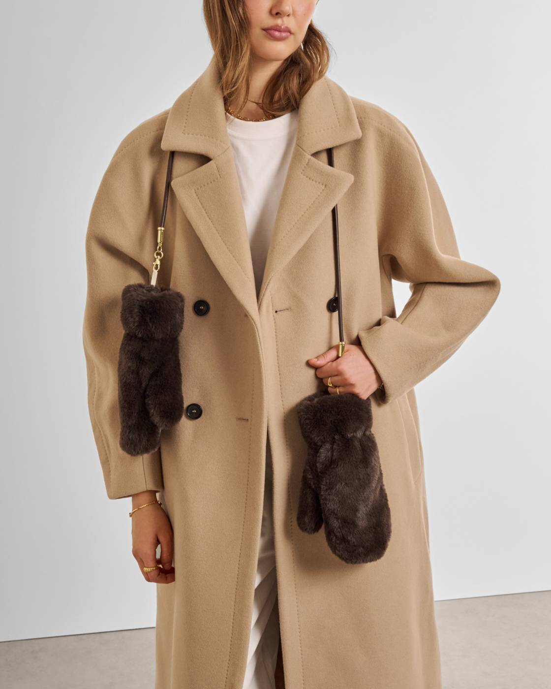 KATIE LOXTON FAUX FUR MITTENS WITH CORD- CHOCOLATE