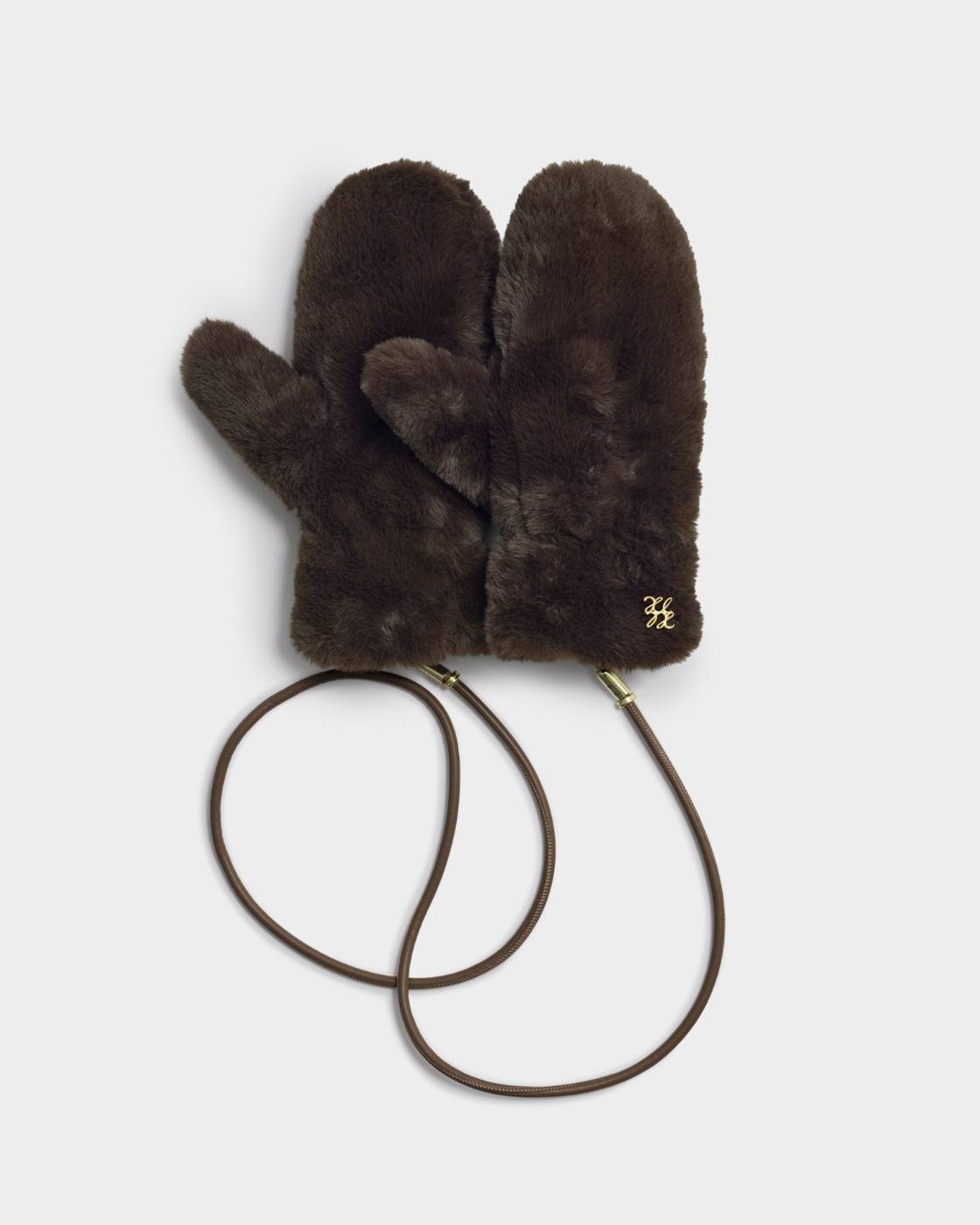 KATIE LOXTON FAUX FUR MITTENS WITH CORD- CHOCOLATE