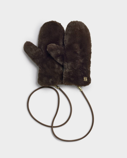 KATIE LOXTON FAUX FUR MITTENS WITH CORD- CHOCOLATE