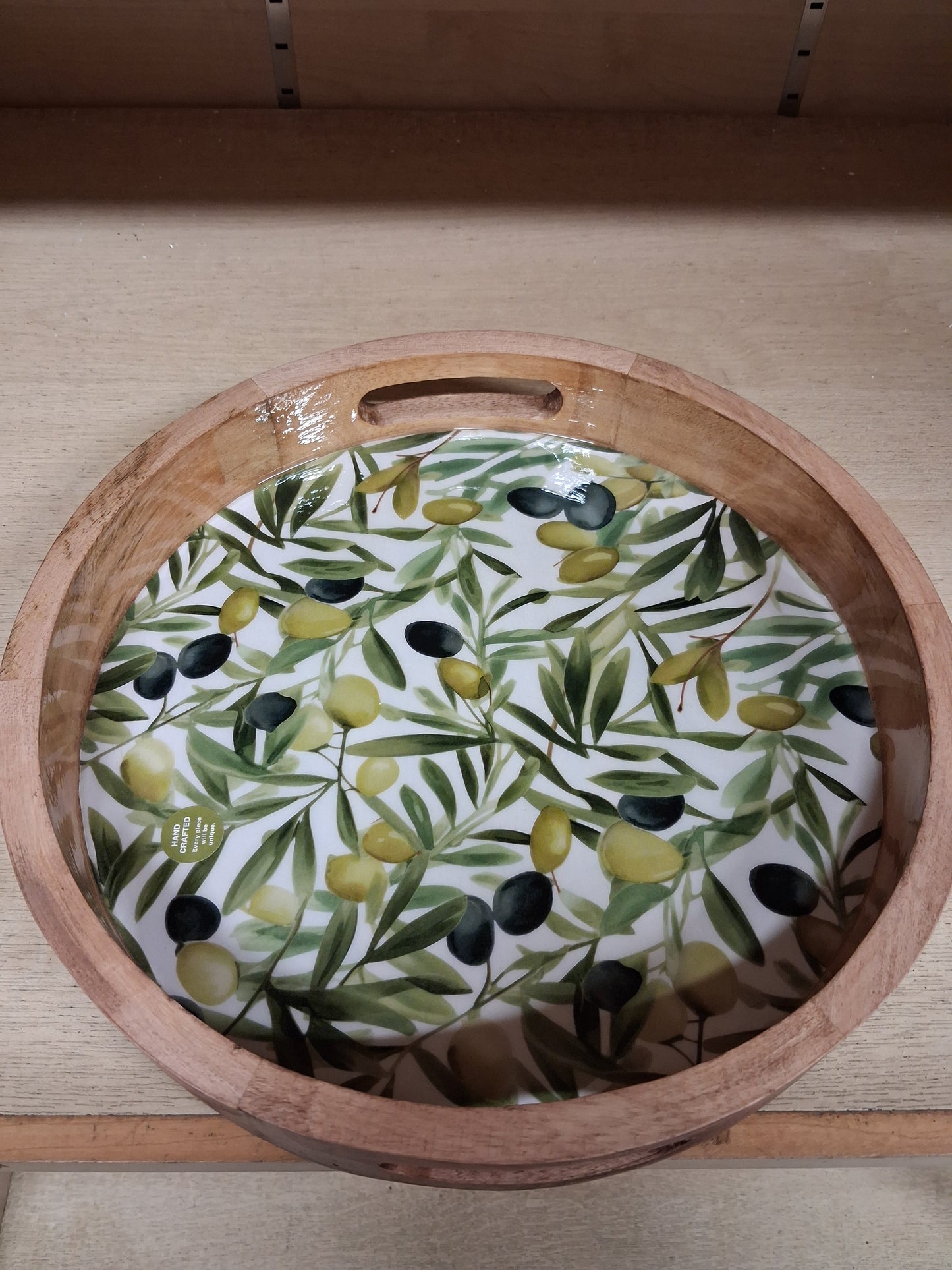30CM ROUND TRAY MANGO WOOD OLIVES ENAMEL