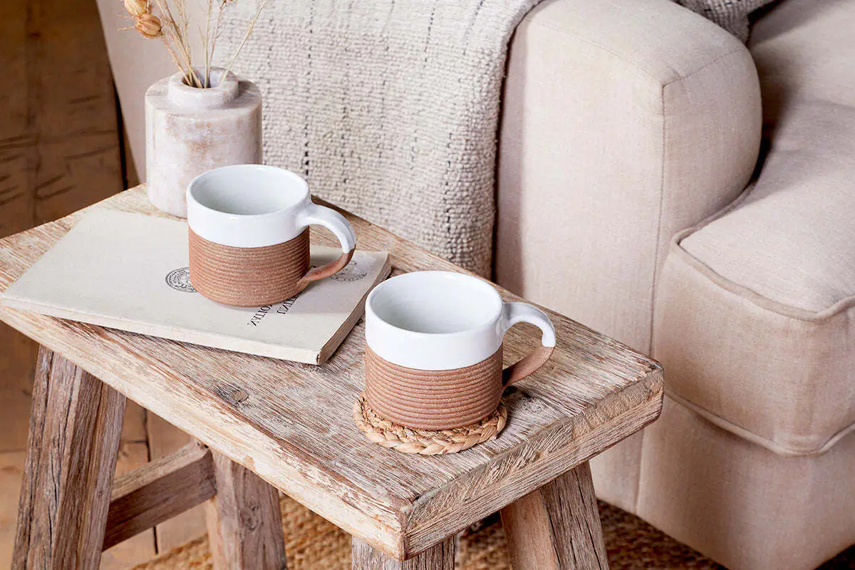 MALI RIBBED COFFEE MUG-WHITE & TERRACOTTA