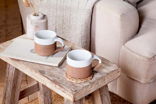 NKUKU MALI RIBBED COFFEE MUG-WHITE & TERRACOTTA